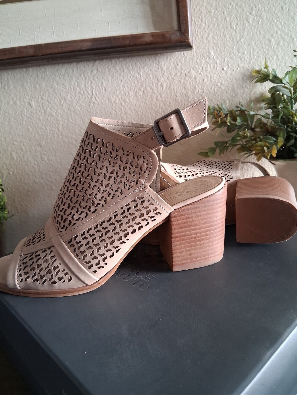 Vince Camuto Laser-Cut Open-Toe Block Heel Sandals - Beige